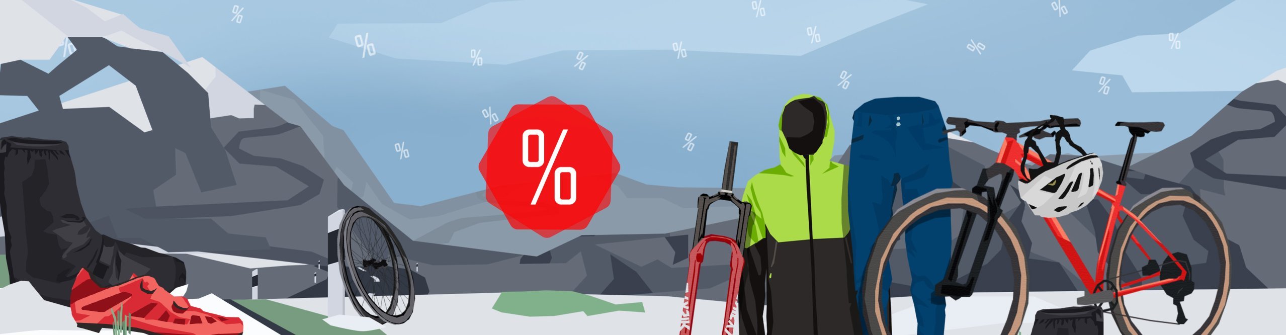 Illustration graphique représentant des vélos, des pièces de vélo et des vêtements devant un paysage enneigé, illustrant les soldes d'hiver 2026 dans la boutique en ligne bike-components.