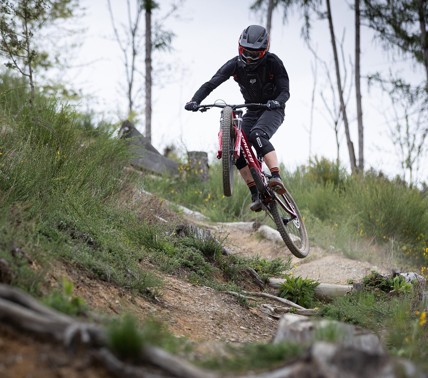 Gravity MTB Fahrer springt in die Höhe