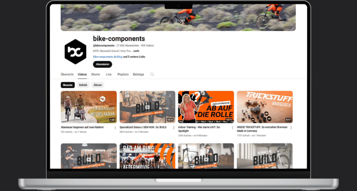 bike-components YouTube-Kanal auf dem Laptop – Tutorials, Produkttests und Tipps für Fahrradtechnik und Ersatzteile