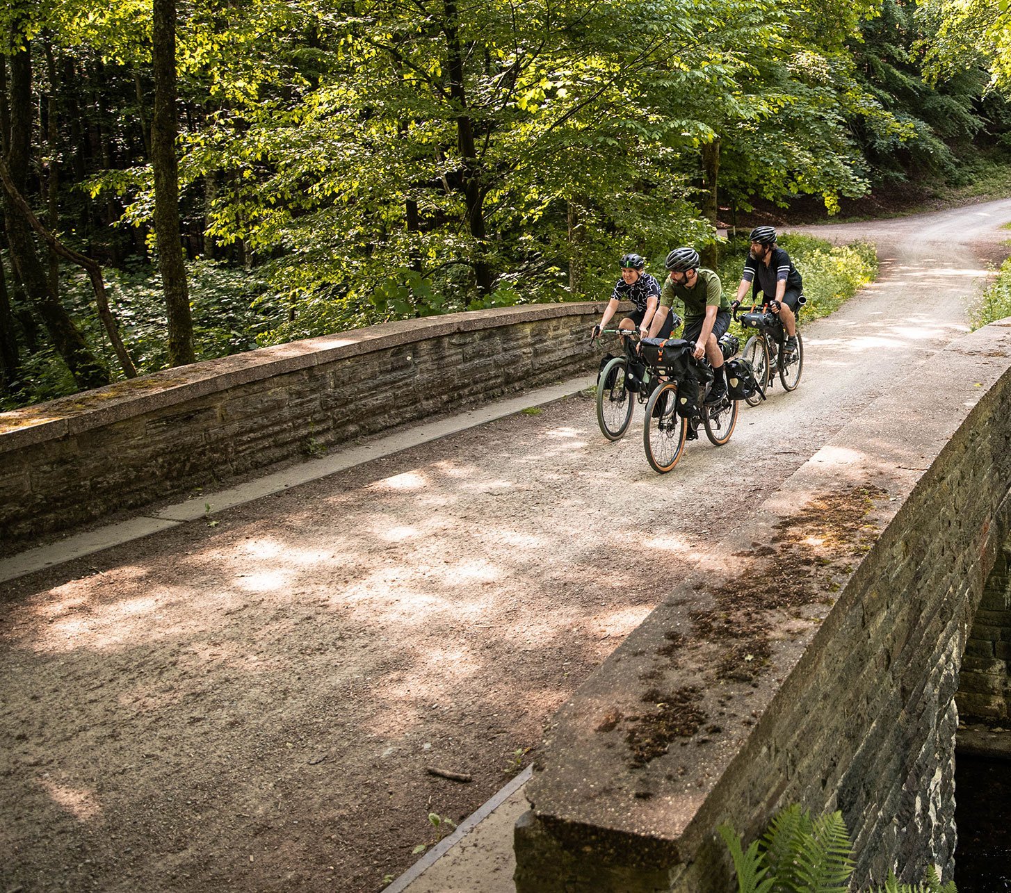 Ortlieb - 3 Bikepacker auf Brücke im Wald