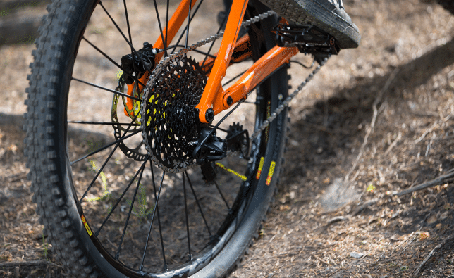 A mountain biker rides up a mountain in the lowest gear.