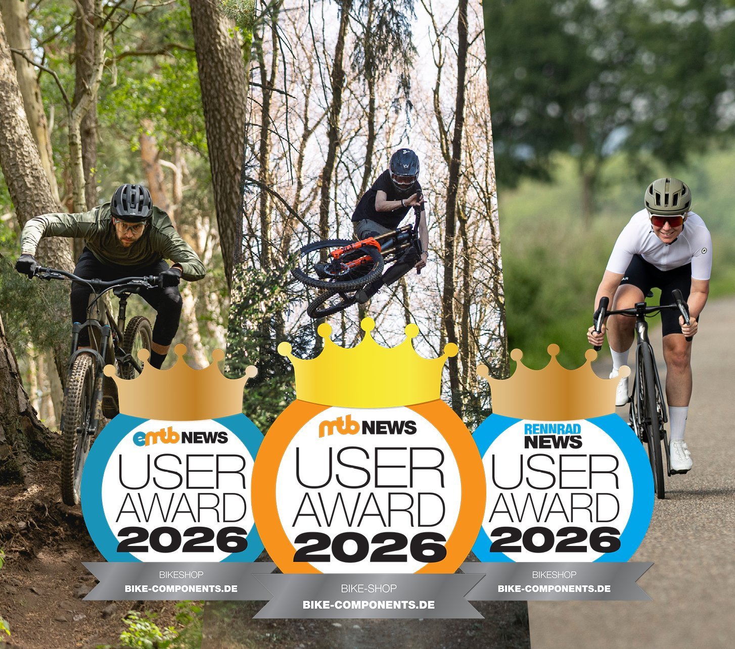 Collage de acción de MTB y ciclismo de carretera con tres sellos “USER AWARD 2026” de eMTBNews, mtb-news y Rennrad News para Bike-Components.de.