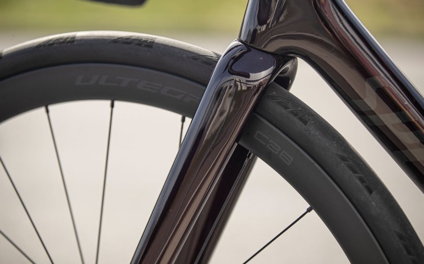 Pictured is the front wheel on a Specialized Tarmac.