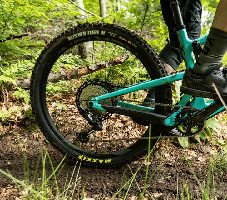 Ein Mountainbiker fährt auf einem Santa Cruz durch den Wald. Der Fokus des Bildes liegt auf dem Hinterbau des Bikes.