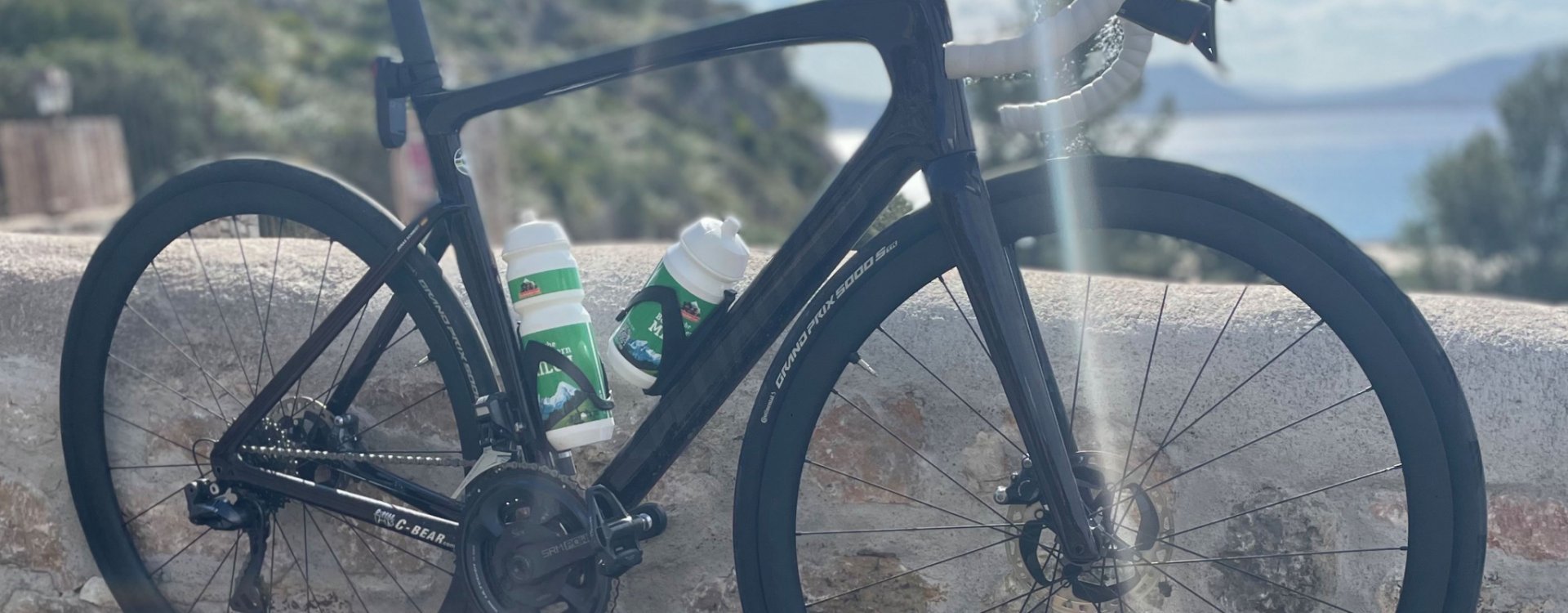 A Specialized Tarmac SL 7 stands leaning against a wall on a coastal road in Mallorca.