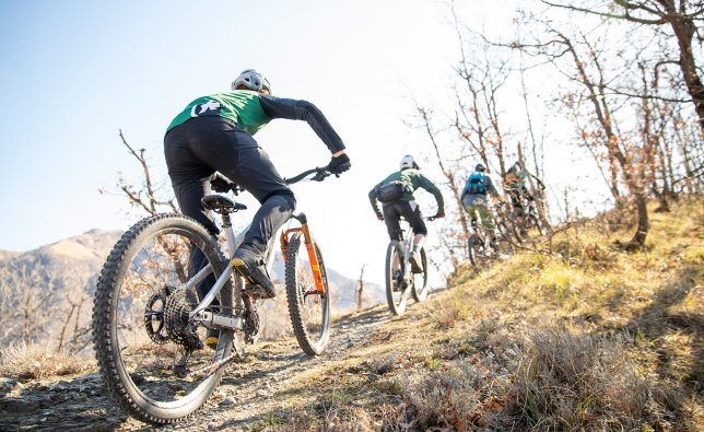 A group of mountain bikers ride up a rocky climb in sunny weather.