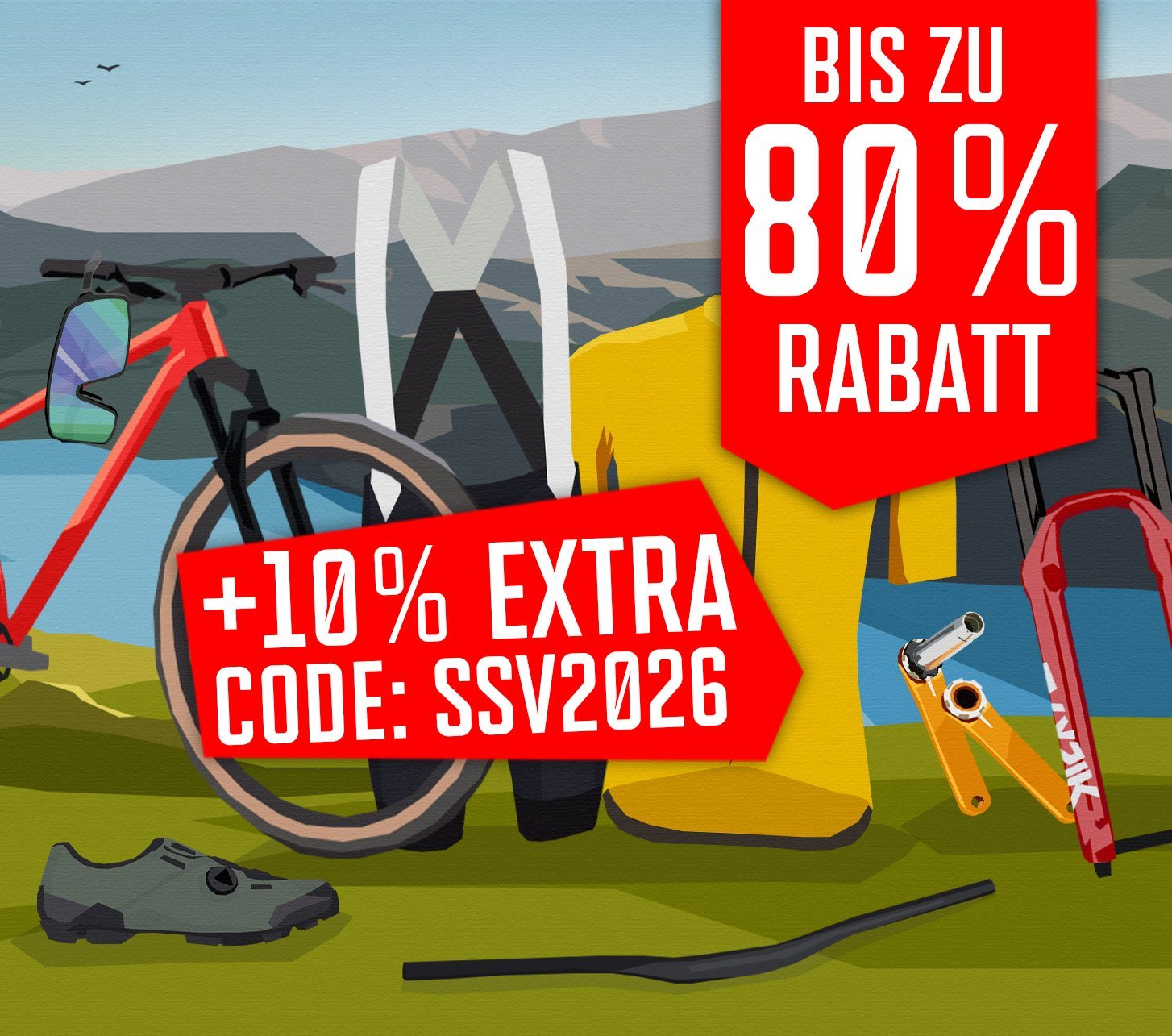 Illustrierter Sale-Banner mit Fahrrad, Radhose, Trikot, Schuh und Federgabel vor Bergkulisse: bis zu 80 % Rabatt und zusätzlich 10 % mit Code SSV2026.