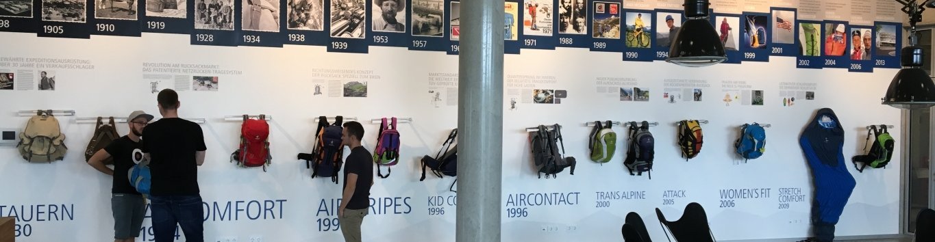 In Deuter’s lobby, the evolution of backpacks over the years is on display. 
