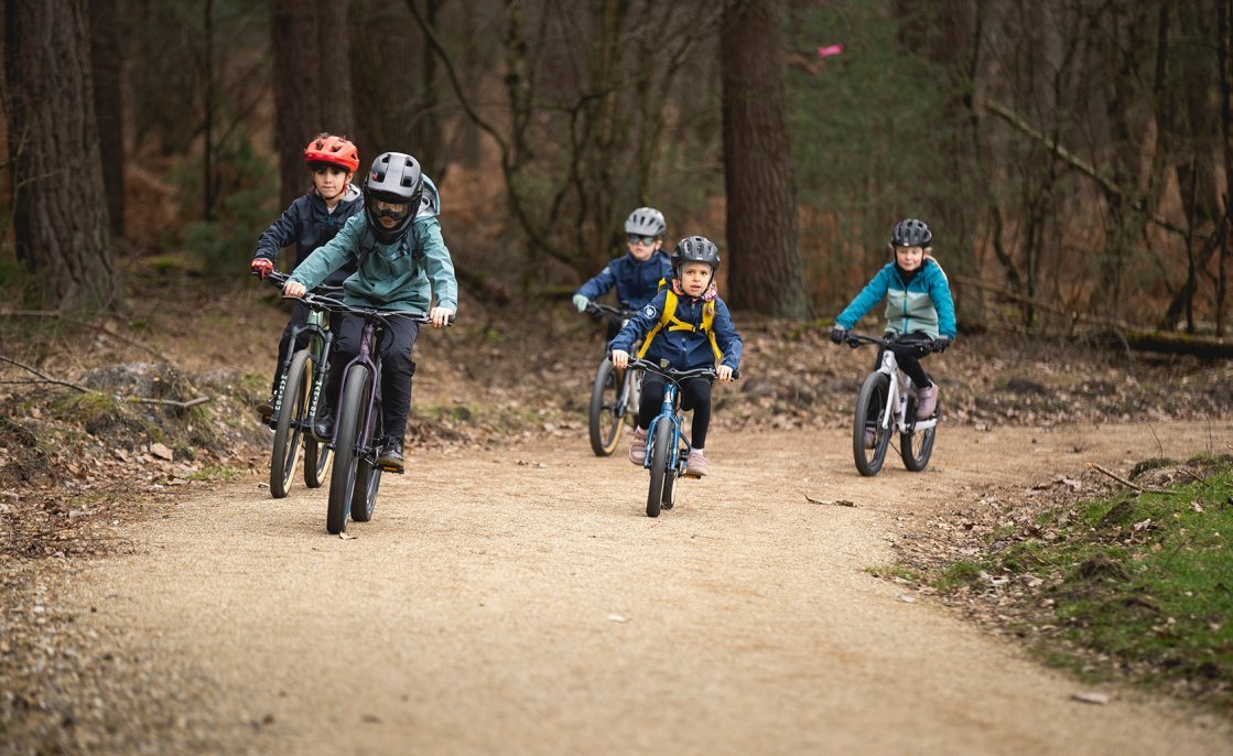 Cinq enfants en route sur des VTTs. Ils traversent la forêt sur un chemin de gravier.
