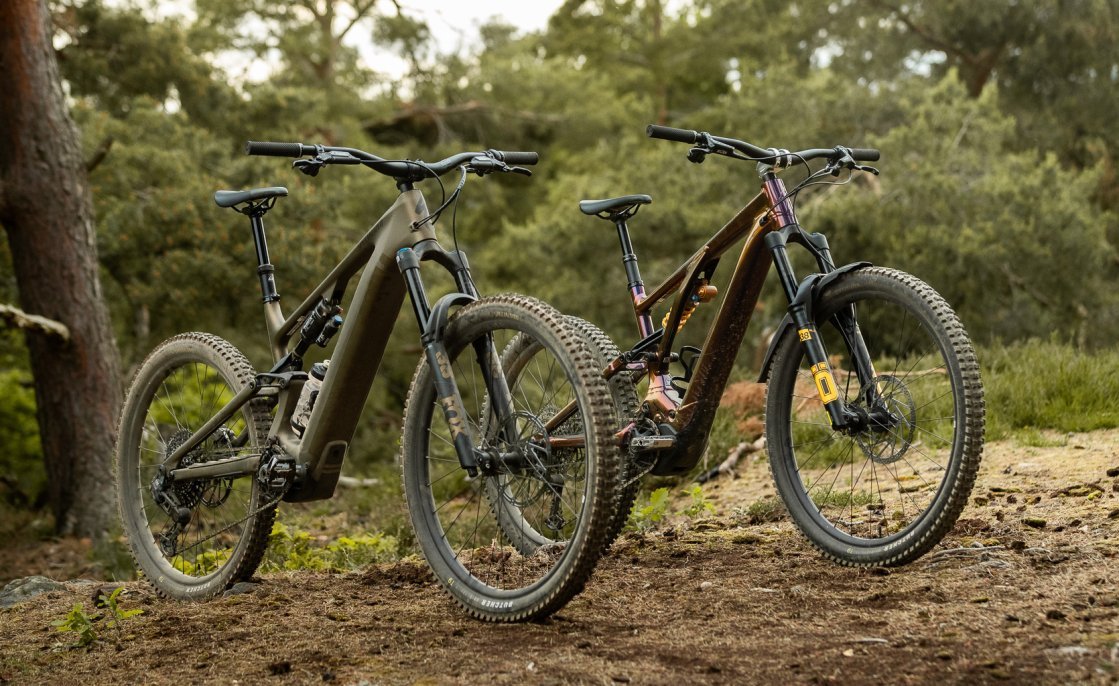 Zwei E-MTB nebeneinander im Wald