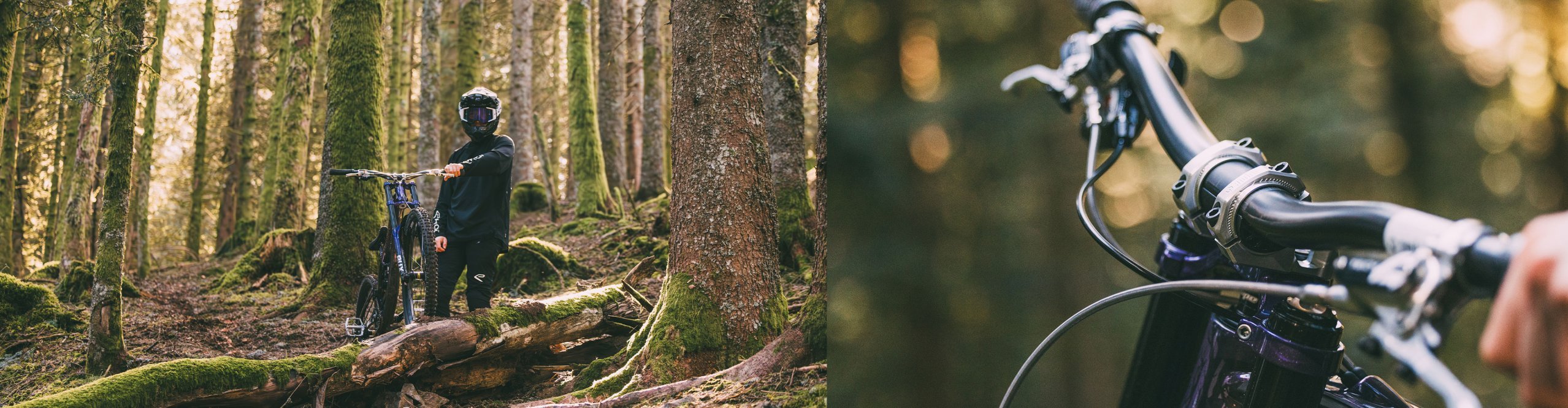 Mountainbiker mit Fullface-Helm steht mit seinem Bike im moosbedeckten Wald, Detailaufnahme vom Ambit Handlebar Lenker für maximale Kontrolle im Trail, Sonnenlicht scheint durch die Bäume