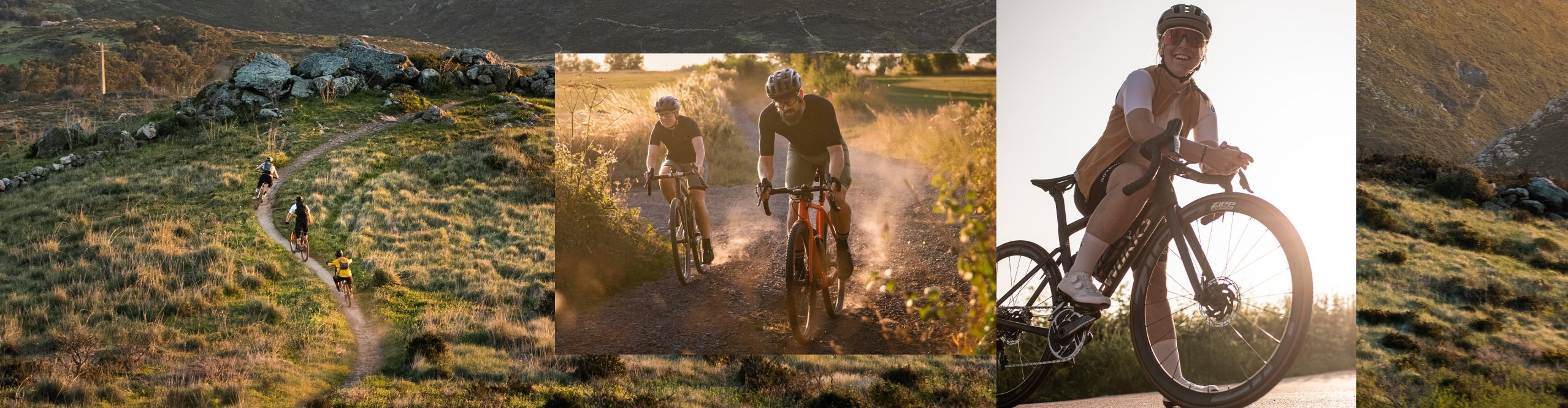 Kombinierte Impressionen sommerlicher Radsportmomente: Gravel-Gruppe auf Naturpfad, dynamisches Duo auf Staubpiste und lachende Rennradfahrerin in der Abendsonne