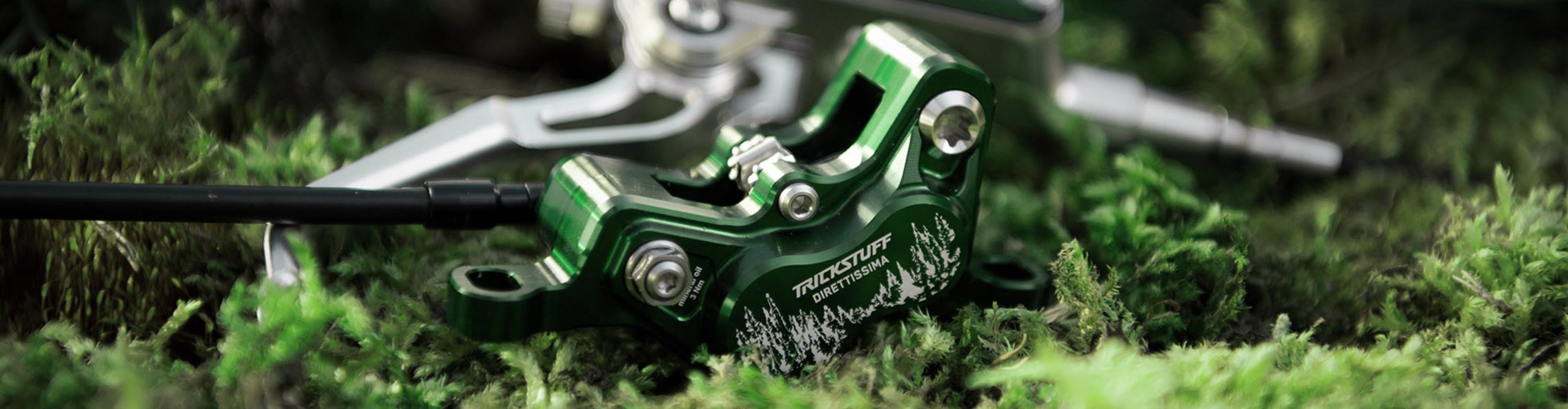 Freno de disco Trickstuff Direttissima Forest Green con pinza verde sobre musgo en el bosque