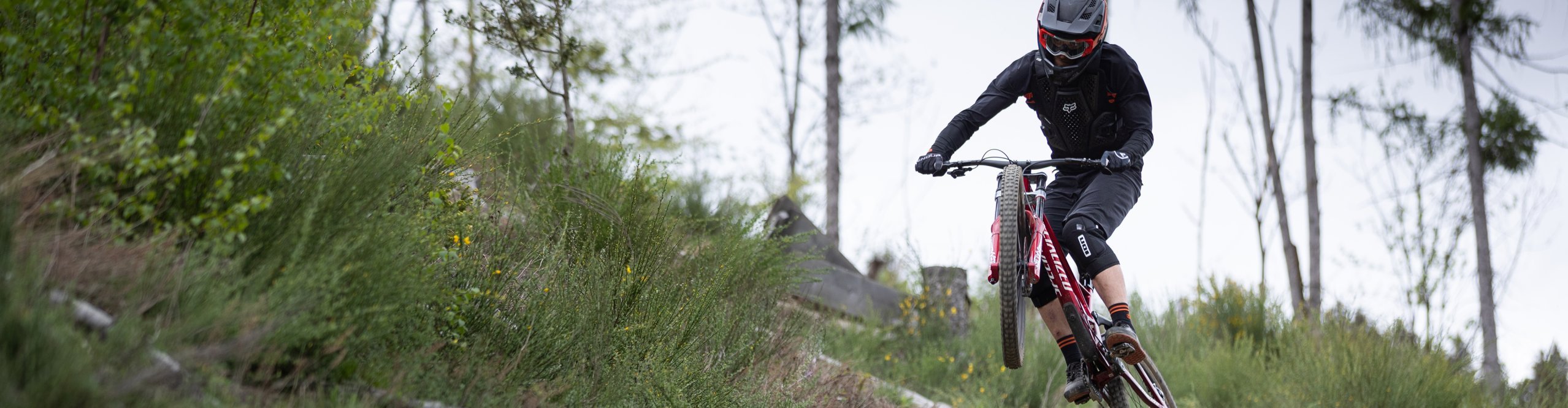 Gravity MTB Fahrer springt in die Höhe