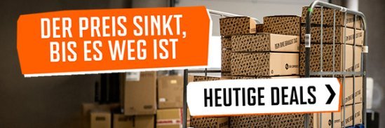 Pakete im Lager von bike-components mit der Angebotsaktion „Der Preis sinkt, bis es weg ist – heutige Deals“.