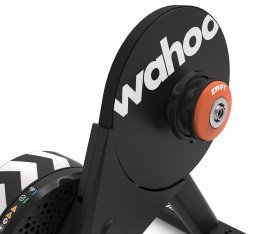 Close-up: A Zwift Cog is mounted on a Wahoo Kickr Core indoor trainer.