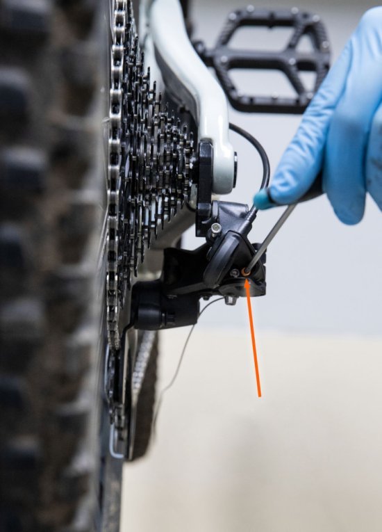 The rear derailleur is shown from the rear. An Allen key is positioned on the outer limit screw. An orange arrow marks the L-screw.