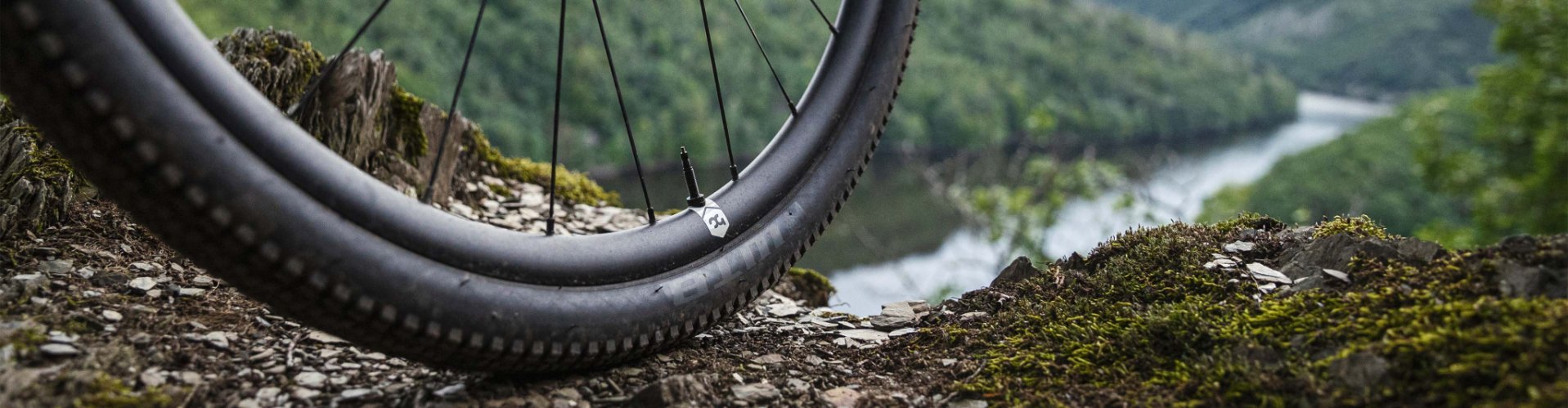 Gros plan de la roue avant d’un vélo gravel sur terrain rocheux avec vue sur une vallée et des collines boisées.