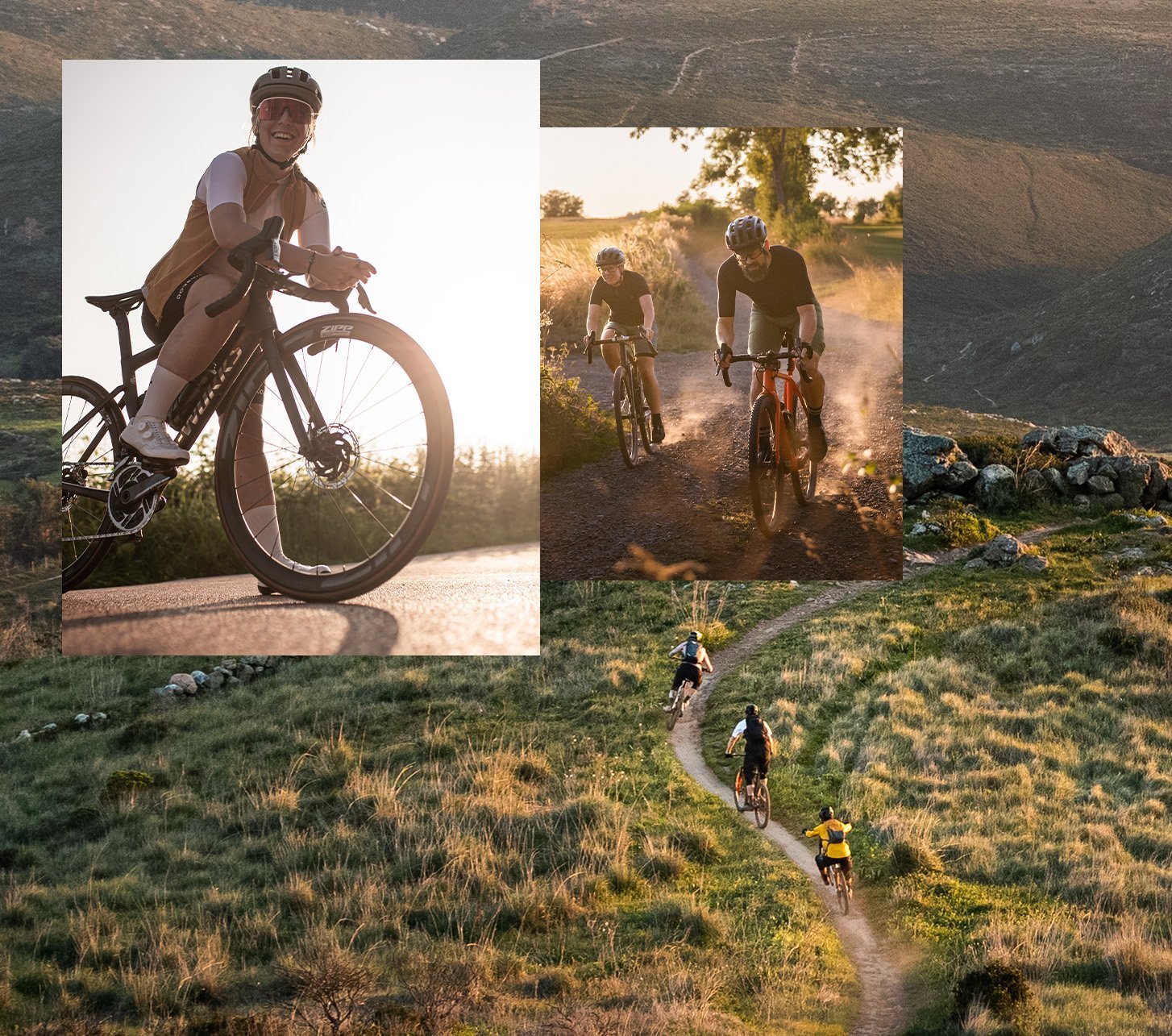 Kombinierte Impressionen sommerlicher Radsportmomente: Gravel-Gruppe auf Naturpfad, dynamisches Duo auf Staubpiste und lachende Rennradfahrerin in der Abendsonne