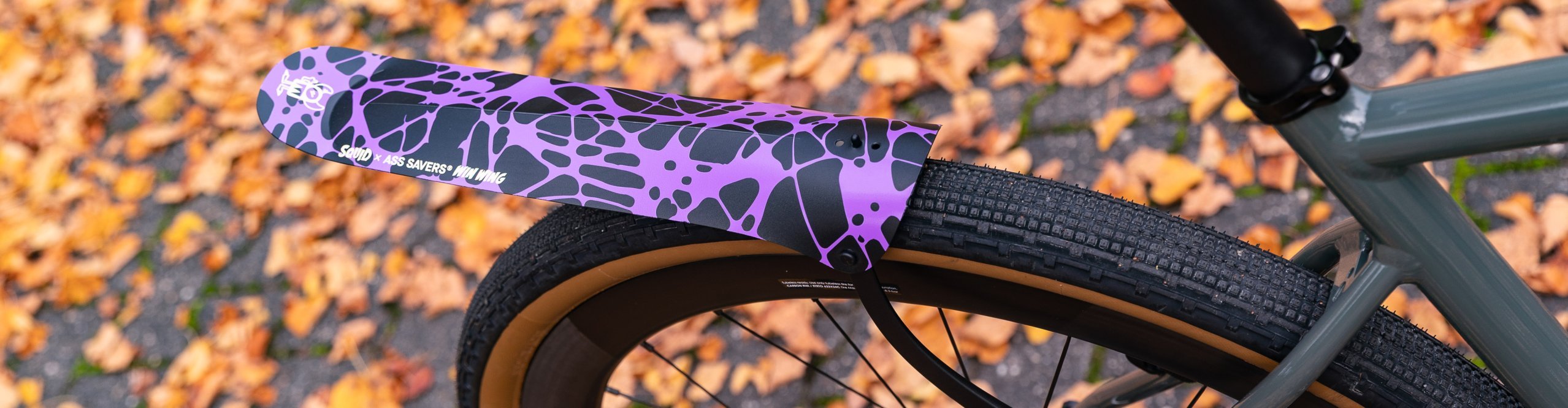 Ein leichtes "Win Wing"-Schutzblech der Marke Ass Savers in schwarz mit Lila Splatter-Muster am Hinterrad eines grauen Gravel-Bikes. Im Hintergrund Herbstlaub