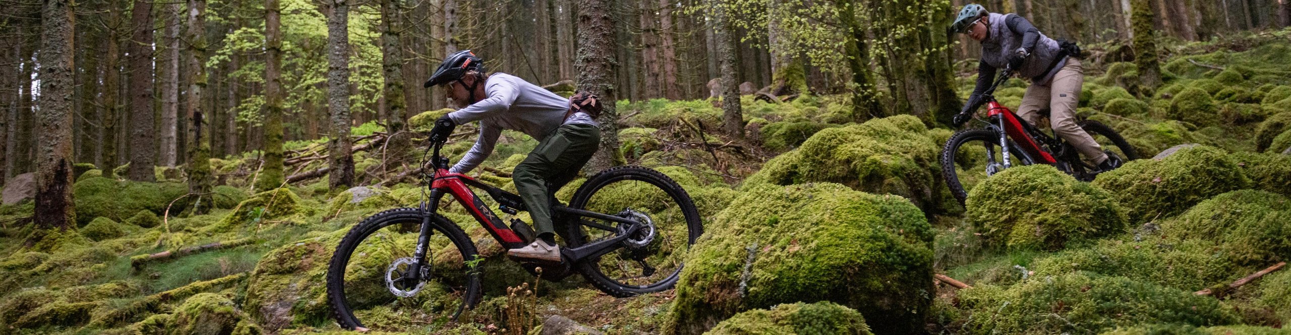 Deux pilotes sur le ROTWILD RX735 Pro e-MTB avec moteur DJI Avinox sur un sentier technique en forêt entre des rochers couverts de mousse