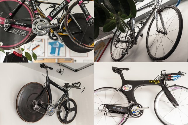 Die Bikes der Gewinner. Von oben Links: Jan Ulrich 2005, Lance Armstrong 2002, Goldmedaillen Rad von 1992, Chris Boardman Lotus Rad 1997