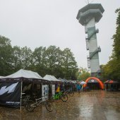 The tower at the Testival ground disapperaed in the fog and rain.