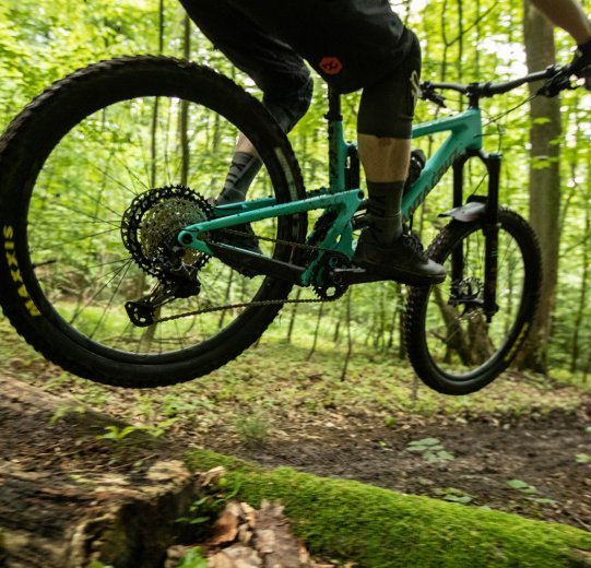 A mountain biker rides his Santa Cruz over a trail in a forest. He takes off. 
