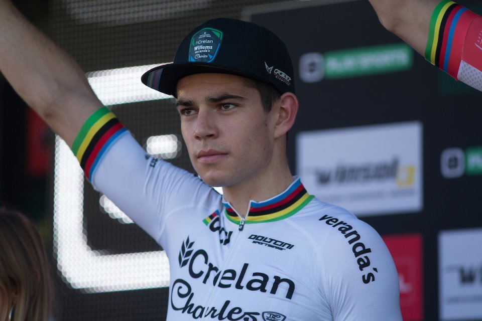 Wout van Aert on the podium. 