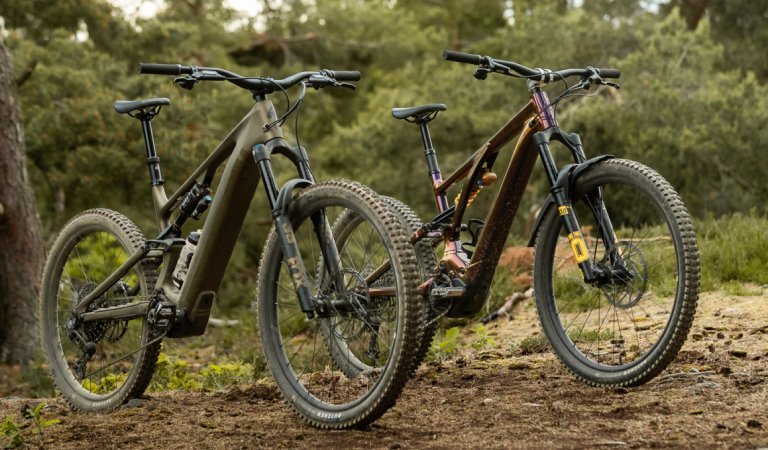 Ein Specialized Turbo Levo 4 E-MTB steht neben seinem Vorgängermodell, dem Turbo Levo 3 auf einer Lichtung in einem europäischen Mischwald. Die Perspektive der Räder ist von seitlich vorn rechts.
