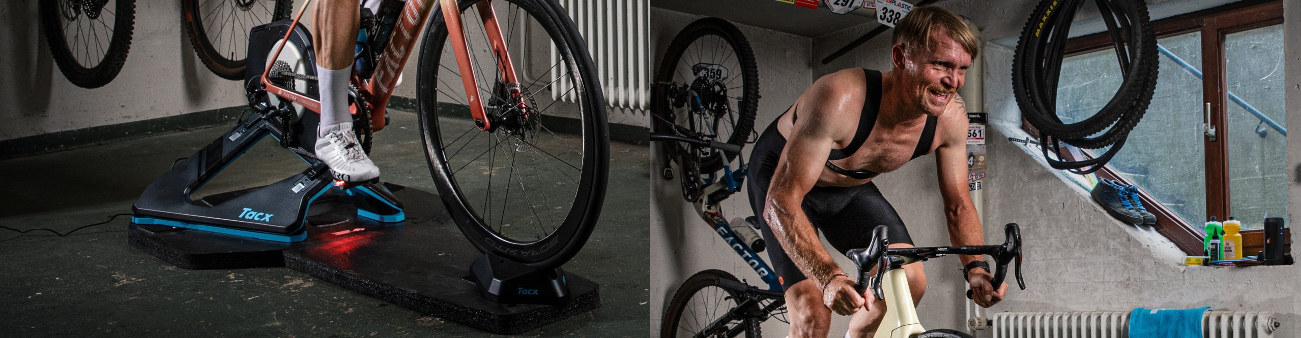 Radfahrer trainiert Indoor auf einer Tacx-Rolle mit Factor Rennrad im Keller – Schweiß, Power und realistisches Indoor-Training für Radsportler