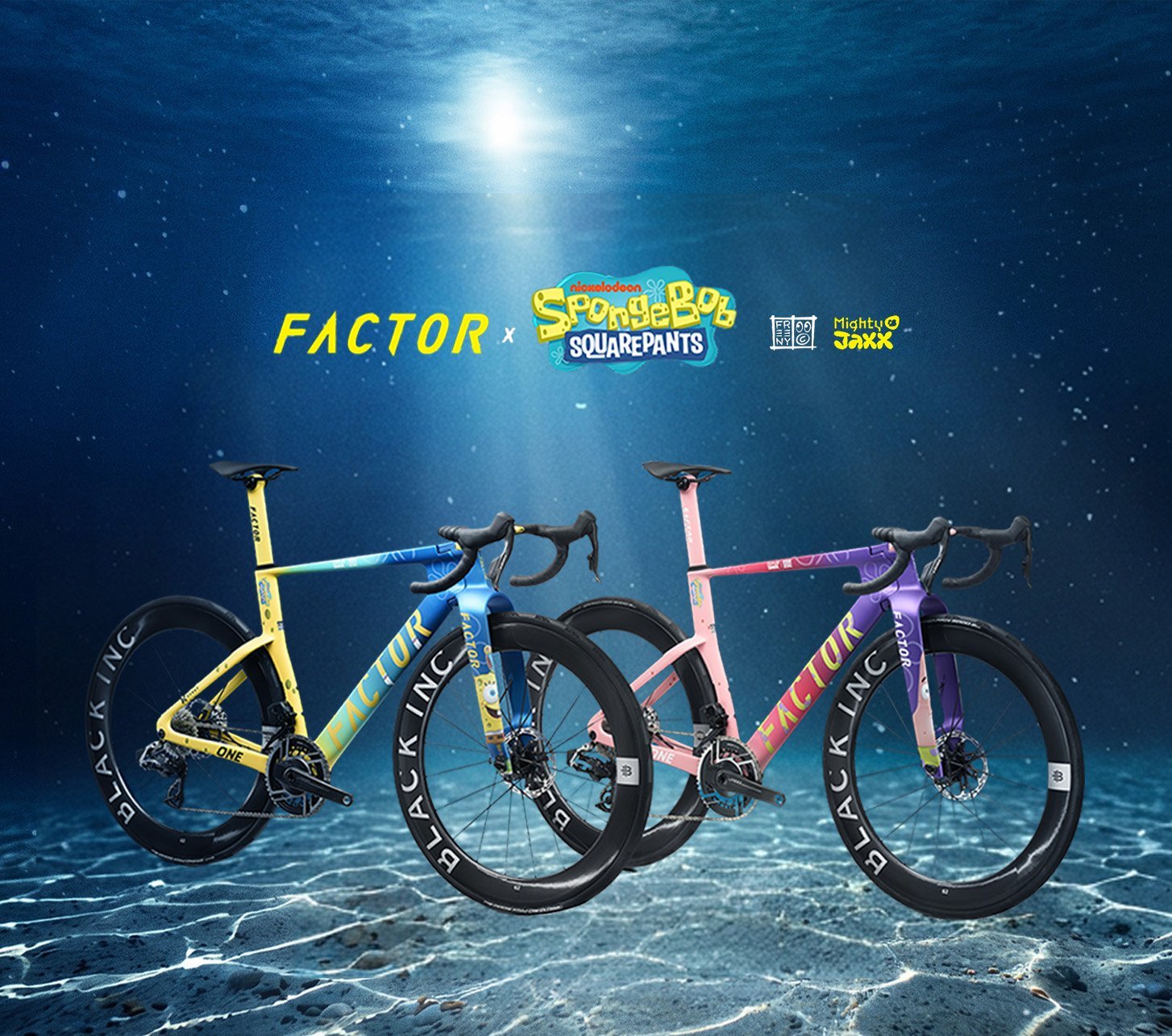 Two Factor road bikes in an underwater setting: a yellow and blue model with a SpongeBob SquarePants paint finish and a pink and purple model featuring Patrick Star.