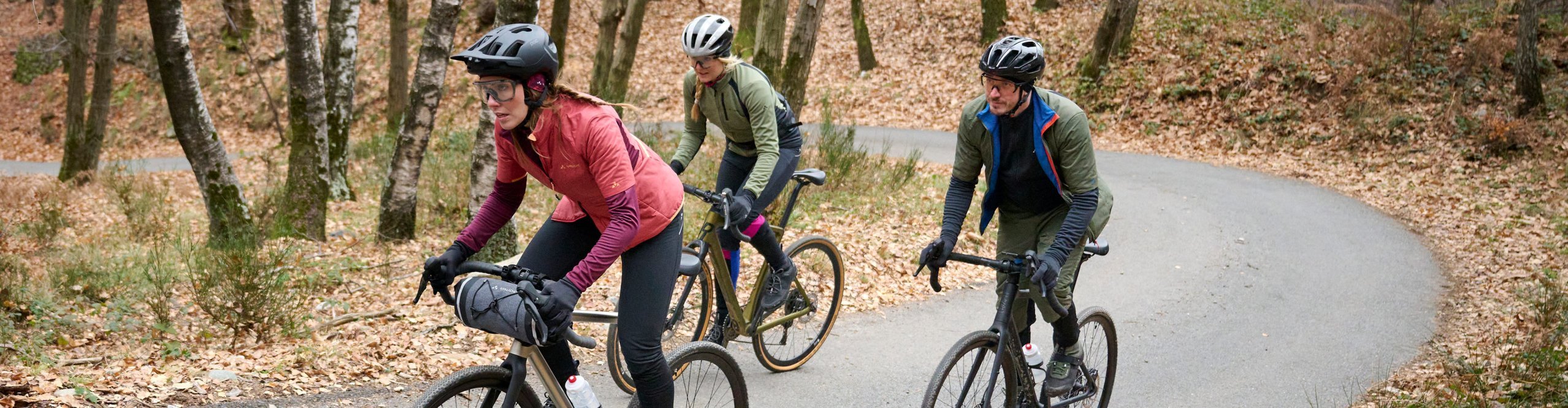 Eine Gruppe Gravelbiker fährt durch einen Wald nahe des Lago Maggiore