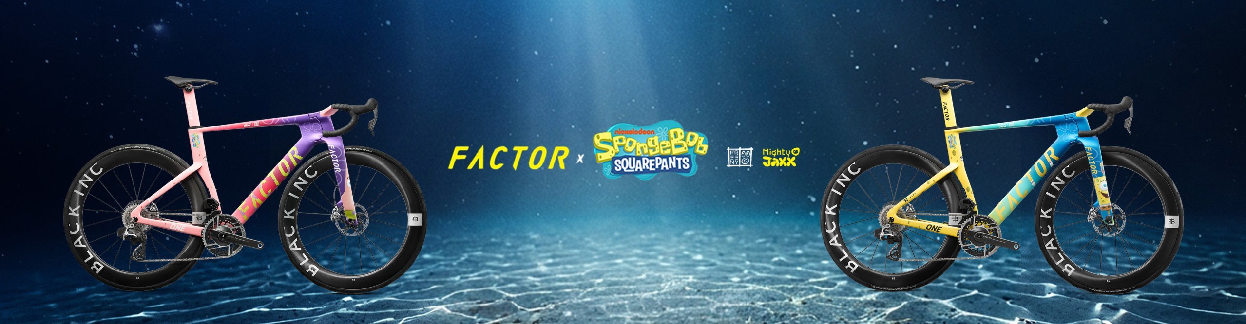 Two Factor road bikes in an underwater setting: a yellow and blue model with a SpongeBob SquarePants paint finish and a pink and purple model featuring Patrick Star.