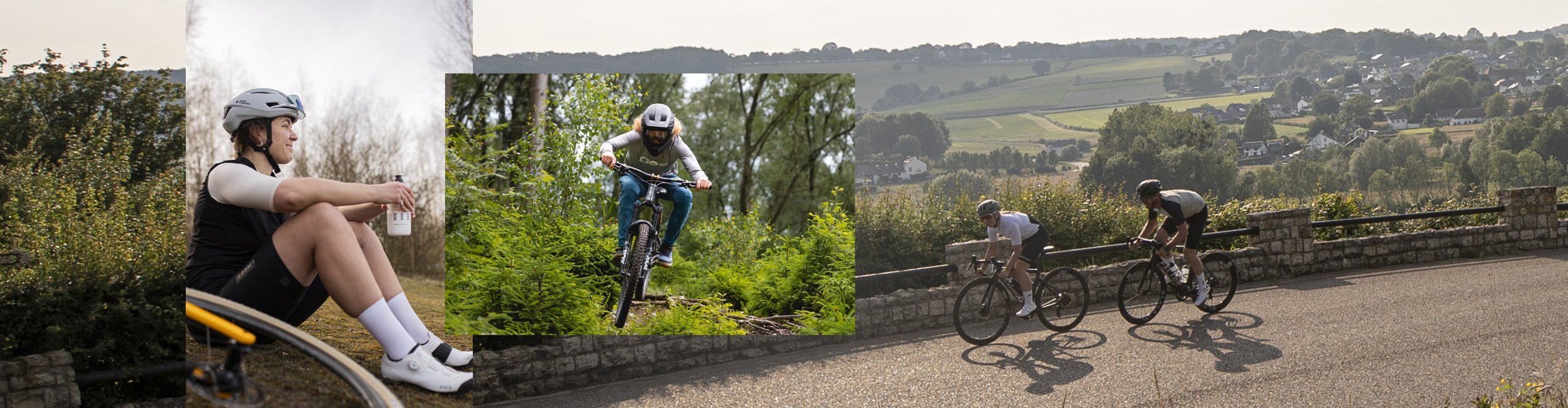 Collage aus Rennradfahrern auf sonniger Straße, Mountainbiker im Trail und pausierender Gravel-Bikerin – Fahrradszenen passend zur Frühjahr/Sommer Fahrradbekleidung für Rennrad, Gravel und Mountainbike.