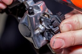 Bremsbeläge samt Feder werden dann in den Bremssattel eingeschoben.