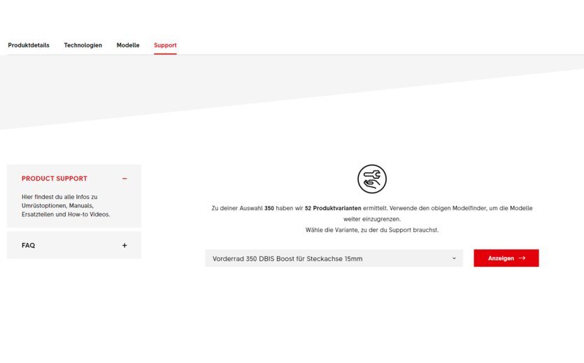 Schritt 2: Wähle die Produktvariante im Dropdown unter Product Support aus