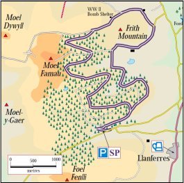 Karte zur Tour in Clwyd in Wales. Tourname: Coed Moel Famau Loop