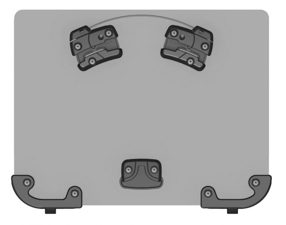 Schematische Darstellung des Befestigungssystems der Ortlieb Back Roller Urban Fahrradtasche, mit zwei oberen Haken, einem unteren Haken und einem Tragegriff, auf grauem Hintergrund.
