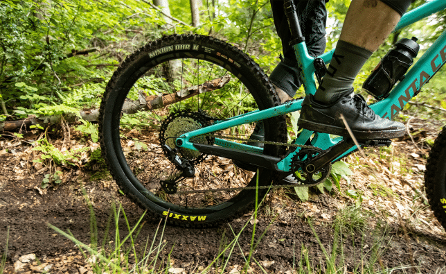 Ein Mountainbiker fährt auf einem Santa Cruz durch den Wald. Der Fokus des Bildes liegt auf dem Hinterbau des Bikes. 