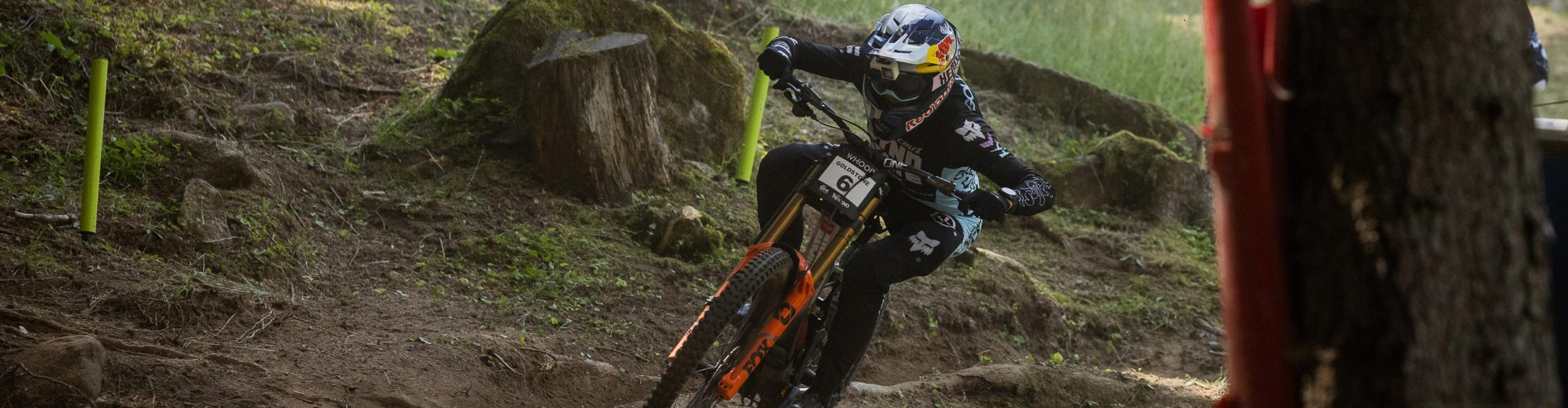 Downhill-Mountainbiker in FOX Racing Bekleidung nimmt eine Kurve auf der Waldstrecke