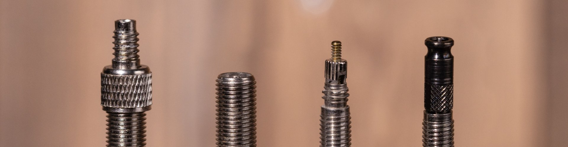 Macro photo: A Dunlop valve, a Schrader valve, a Presta valve and a Schwalbe Clik-Valve side by side in front of a blurred brown wooden surface