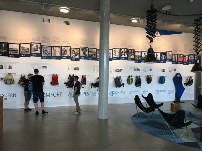 In Deuter’s lobby, the evolution of backpacks over the years is on display. 