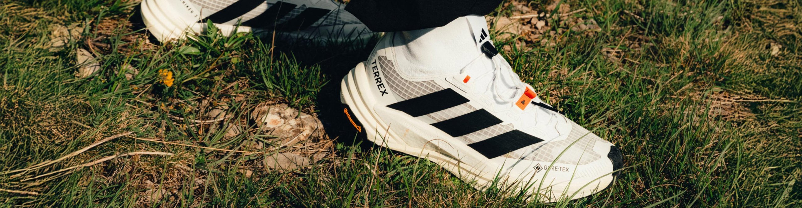 White adidas Terrex Free Hiker hiking shoes with GORE-TEX and Continental outsole on a rocky forest trail.