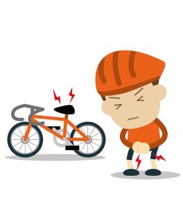 Illustration: A little man in an orange cycling outfit stands next to a bicycle and apparently suffers from pain caused by sitting.