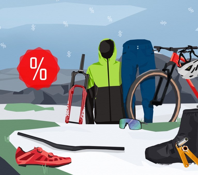 Illustrated graphic featuring bicycles, bicycle parts and clothing in front of a winter snowy landscape, visualising the 2026 winter sale in the bike-components online shop.