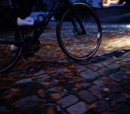 Ein Fahrrad fährt in der Dämmerung über Kopfsteinpflaster mit Herbstlaub