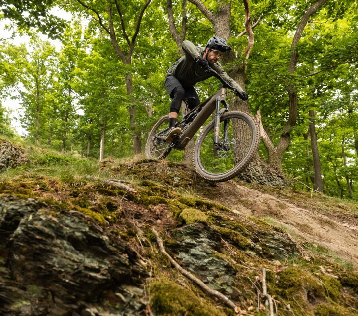 Weitwinkel Foto von unten aufgenommen: Berno heizt mit einem grün-bronzefarbenen E-MTB einen Trail hinab 
