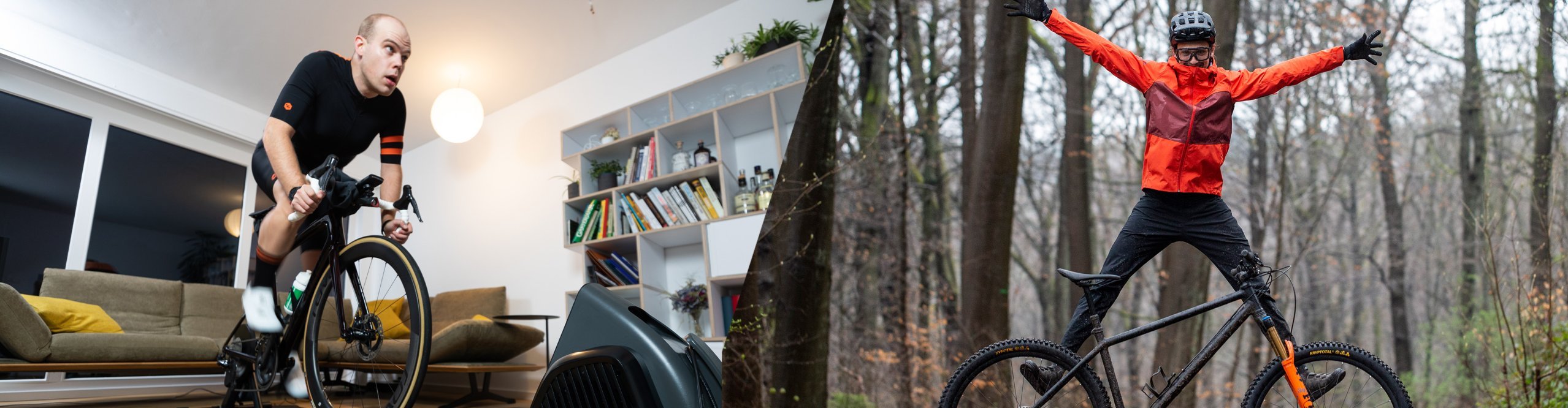 Rollentrainer indoor und Fahrradfahrer in Regenbekleidung Outdoor