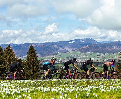 milKit 4 Gravelbiker vor Bergkulisse